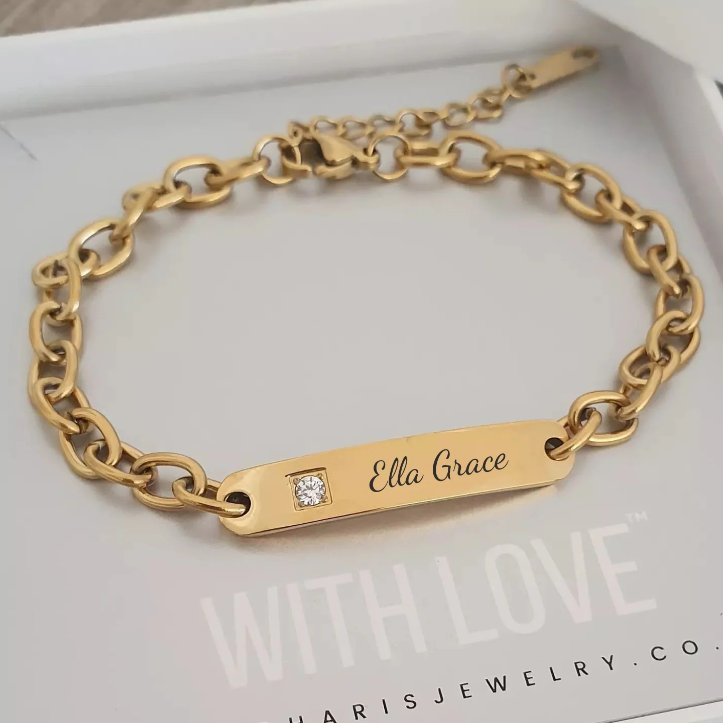 Gianna Gold Personalized CZ Stone ID bracelet, Stainless Steel, Adjustable Size (READY IN 3 DAYS) - Image 5