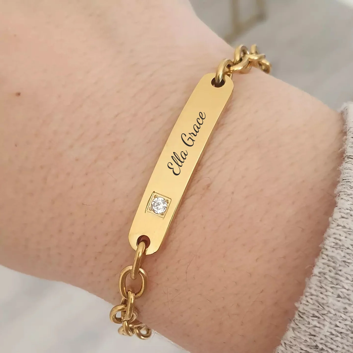 Gianna Gold Personalized CZ Stone ID bracelet, Stainless Steel, Adjustable Size (READY IN 3 DAYS) - Image 7
