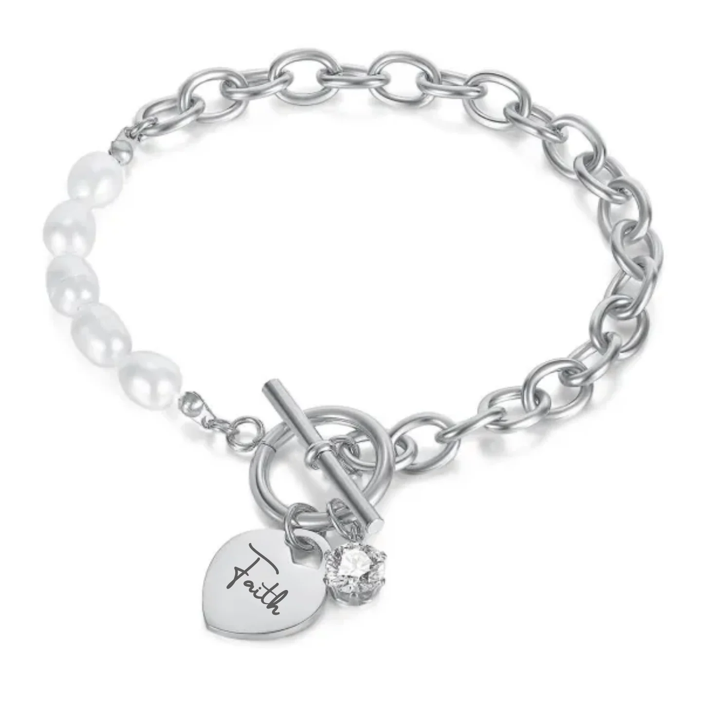 Donna Personalized Stainless Steel CZ Pearl bracelet, Size: 175mm (READY IN 3 DAYS) - Image 3