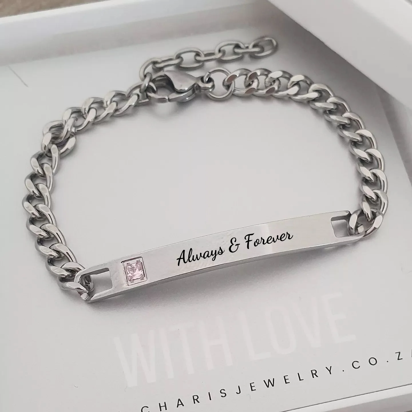 Armani Personalized Ladies Pink CZ Stainless Steel bracelet, Adjustable Size (READY IN 3 DAYS) - Image 4